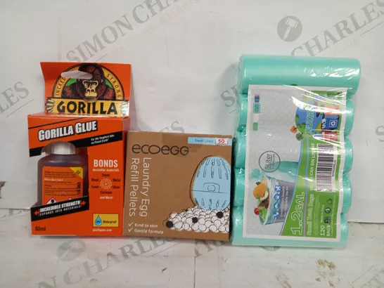 LOT OF APPROXIMATELY 10 ASSORTED HOUSEHOLD ITEMS TO INCLUDE BIN LINERS, LAUNDRY EGG REFILL PELLETS, GORILLA GLUE, ETC