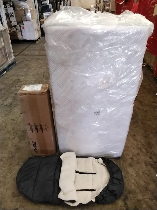 A PALLET OF VARIOUS ITEMS TO INCLUDE. MEMORY FOAM MATTRESS, CLOTHES AIRERS AND PRAM COVER