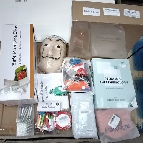 PALLET OF ASSORTED ITEMS INCLUDING SAFE MANDOLINE SLICER, PEDIATRIC ANESTHESIOLOGY BOOK, MONEY HEIST MASKS, DRAWER ORGANISER, PARTY BLOWERS, HALLOWEEN DECORATIONS 