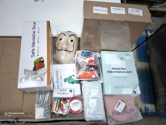 PALLET OF ASSORTED ITEMS INCLUDING SAFE MANDOLINE SLICER, PEDIATRIC ANESTHESIOLOGY BOOK, MONEY HEIST MASKS, DRAWER ORGANISER, PARTY BLOWERS, HALLOWEEN DECORATIONS 