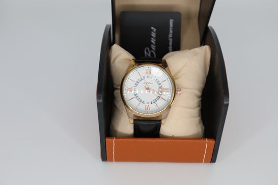 BRAND NEW BOXED MEN’S LA BANUS DATE VIEW WATCH, GOLD COLOURED CASE, WHITE DIAL, BLACK LEATHER STRAP RRP £425