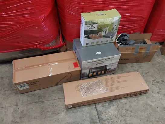 PALLET OF ASSORTED ITEMS INCLUDING: AIR FRYER, DRYWALL SANDER, ELECTRIC BLANKET, BABY PLAY PEN, SINGLE BED FRAME