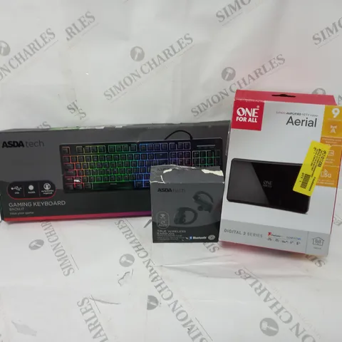 APPROXIMATELY 20 ASSORTED ITEMS TO INCLUDE GAMING KEYBOARD, HDTV INDOOR AERIAL, WIRELESS EARBUDS ETC. 