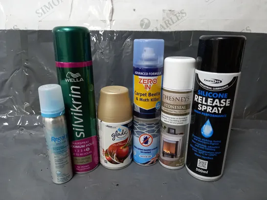 APPROXIMATELY 12 ASSORTED AEROSOLS TO INCLUDE SILICONE RELEASE SPRAY (500ml), CHESNEY STONESEAL (250ml), GLADE AUTOMATIC SPRAY (269ml), ETC