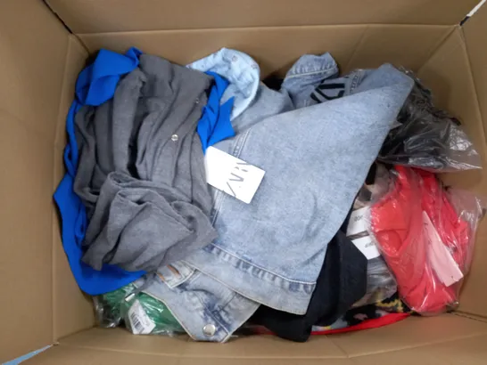 LARGE BOX OF ASSORTED CLOTHING ITEMS IN VARIOUS COLOURS AND SIZES INCLUDING TROUSERS , TOPS AND JUMPERS 