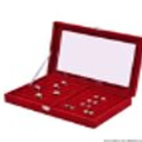 24 PORTABLE VELVET RING BOXES WITH GLASS WINDOW (HALF BIG & SMALL RING ROWS) (SIZE - 29X18X4 CM) - BURGANDY