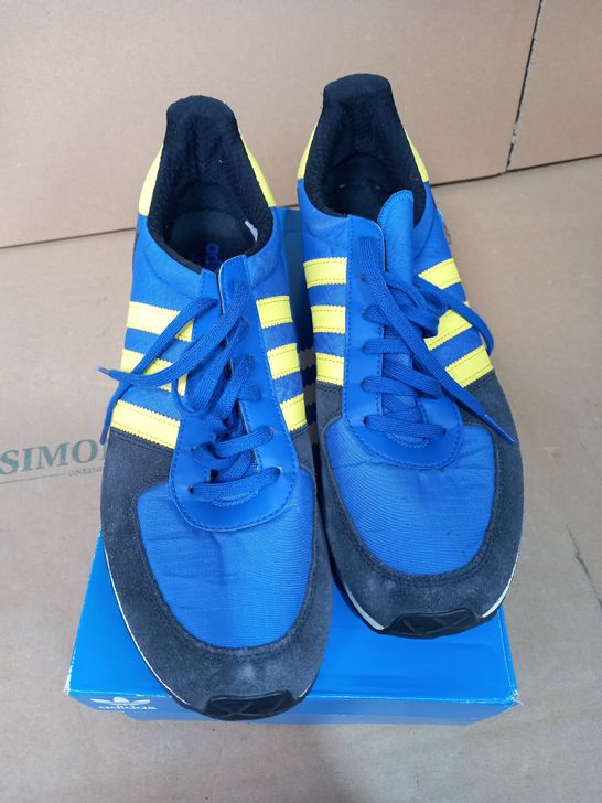 PAIR OF ADIDAS TRAINERS IN BLUE AND YELLOW, UK SIZE 11