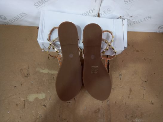 BOXED PAIR OF DESIGNER GOLD STUDDED SANDALS SIZE 40