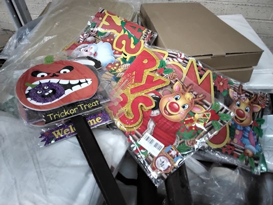 PALLET OF ASSORTED ITEMS INCLUDING HALOWEEN & CHRISTMAS DECORATIONS, CANVASSES, PILLOWS, UMBRELLAS, BOXED FOLDING TABLES.