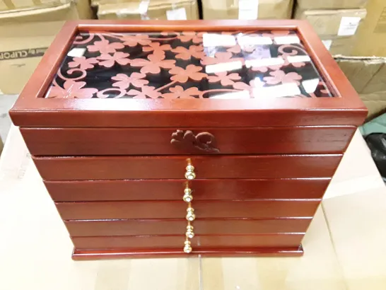 BOXED 6 TIER RED WOODEN JEWELLERY BOX