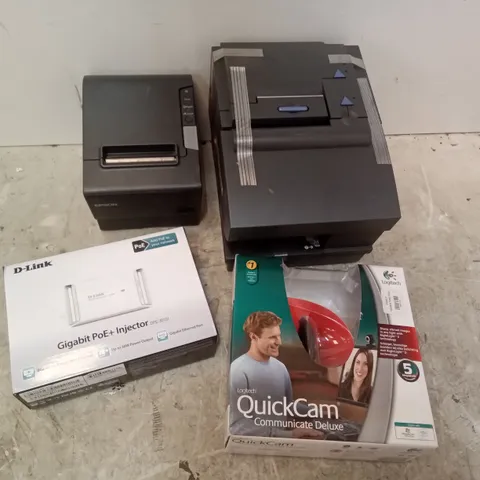 BOX OF ASSORTED TECH INCLUDING D-LINK GIGABIT POE+ INJECTOR, LOGITECH QUICKCAM, EPSON RECEIPT PRINTER, IBM PRINTER  