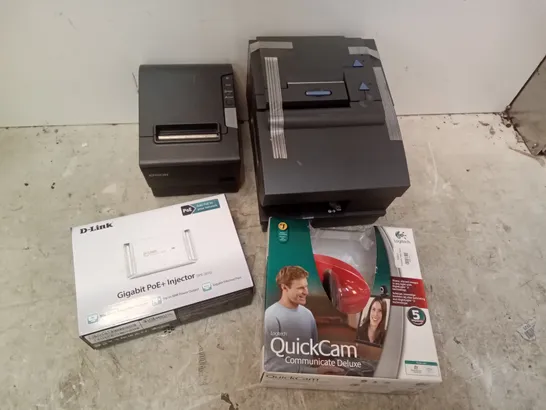 BOX OF ASSORTED TECH INCLUDING D-LINK GIGABIT POE+ INJECTOR, LOGITECH QUICKCAM, EPSON RECEIPT PRINTER, IBM PRINTER  