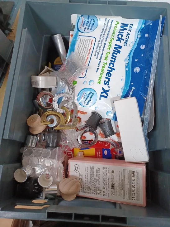 BOX OF ASSORTED HOUSEHOLD ITEMS TOO INCLUDE TAPE MEASURES AND TV REMOTES 