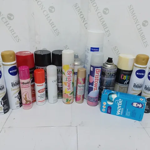 APPROXIMATELY 16 ASSORTED AEROSOLS TO INCLUDE VIRBAC INDOREX DEFENCE SPRAY (500ml), NIVEA BLACK & WHITE INVISIBLE SILKY SMOOTH (250ml), PAINTFACTORY COLOUR IT QUICK DRYING PAINT COTTAGE CREAM (400ml) 