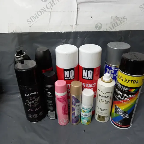 BOX OF APPROXIMATELY 10 ASSORTED AEROSOLS TO INCLUDE - NO NONSENSE CONTACT SPRAY ADHESIVE - MOTIP HIGH GLOSS BLACK - CARFUME ALIEN SURGE CAR FRAGRANCE - ETC - COLLECTION ONLY