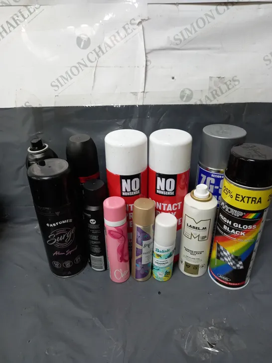 BOX OF APPROXIMATELY 10 ASSORTED AEROSOLS TO INCLUDE - NO NONSENSE CONTACT SPRAY ADHESIVE - MOTIP HIGH GLOSS BLACK - CARFUME ALIEN SURGE CAR FRAGRANCE - ETC - COLLECTION ONLY