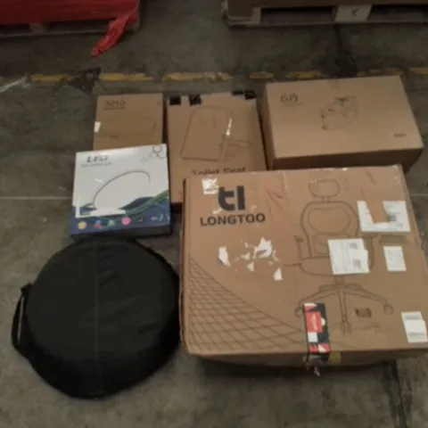 PALLET OF UNPROCESSED ITEMS TO INCLUDE TOILET SEAT, LONGTON DESK CHAIR, AND LED CEILING LIGHT 