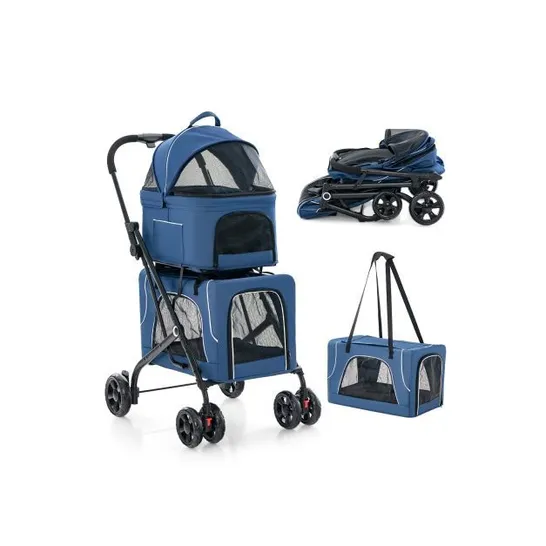 BOXED FOLDABLE DOUBLE PET STROLLER WITH DETACHABLE CARRIERS - BLUE