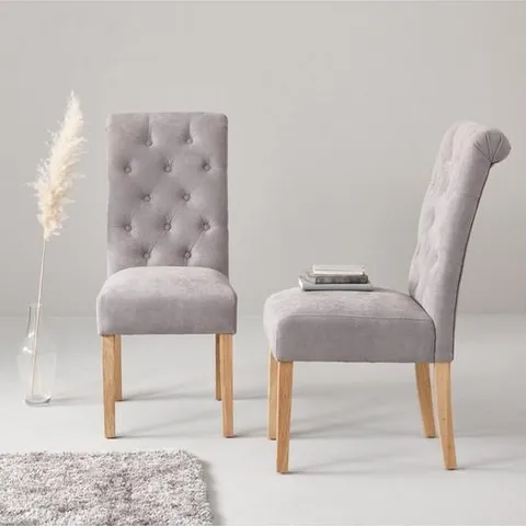 BOXED PAIR OF FABRIC SCROLL BACK DINING CHAIRS IN GREY/OAK - COLLECTION ONLY 