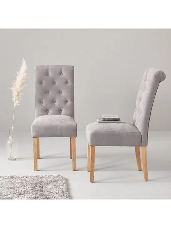 BOXED PAIR OF FABRIC SCROLL BACK DINING CHAIRS IN GREY/OAK - COLLECTION ONLY 