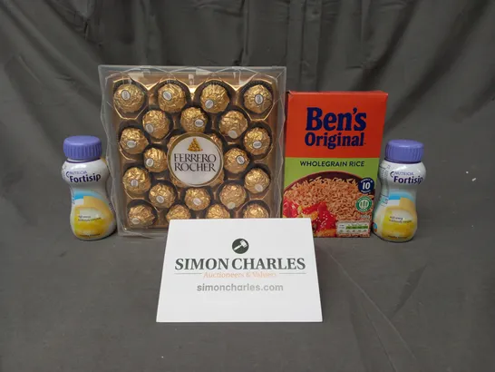 APPROXIMATELY 10 ASSORTED FOOD AND DRINK ITEMS TO INCLUDE BEN'S ORIGINAL, FERRERO ROCHER, ETC