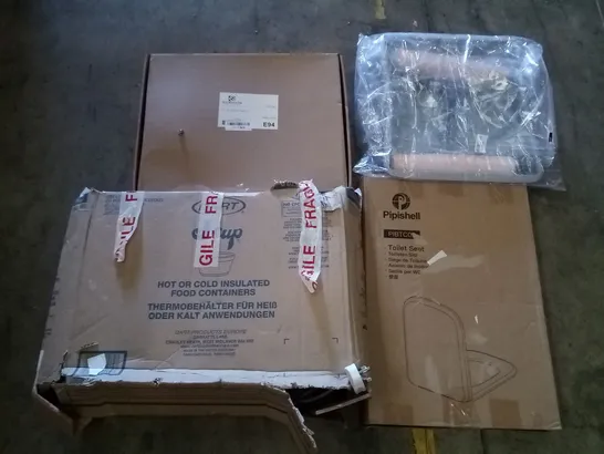 PALLET OF ASSORTED ITEMS INCLUDING TOILET SEATS, INSULATED FOOD CONTAINERS, PAINT TRAY, HEATER