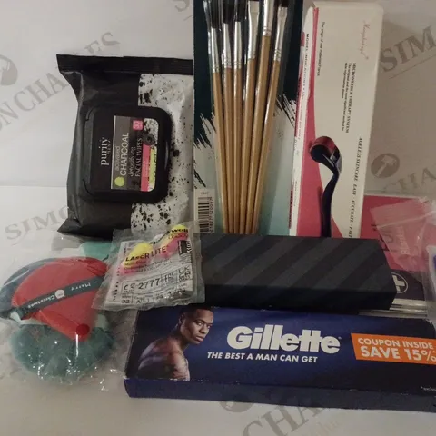 LOT OF APPROX. 10 ASSORTED ITEMS TO INCLUDE GILLETTE PROGLIDE RAZOR BLADE, PURITY PLUS FACIAL WIPES, MICRONEEDLE THERAPY SYSTEM, FOIL BLANKET, RAZOR BLADE REFILLS ETC. 