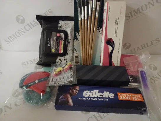 LOT OF APPROX. 10 ASSORTED ITEMS TO INCLUDE GILLETTE PROGLIDE RAZOR BLADE, PURITY PLUS FACIAL WIPES, MICRONEEDLE THERAPY SYSTEM, FOIL BLANKET, RAZOR BLADE REFILLS ETC. 