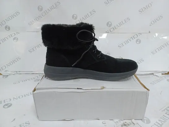 BOXED PAIR OF SKECHERS GO WALK STABILITY SUEDE BOOTS IN BLACK - UK SIZE 5