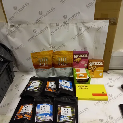 BOX OF ASSORTED ITEMS TO INCLUDE GRAZE, DECADENT DECAF COFFEE CO ETC