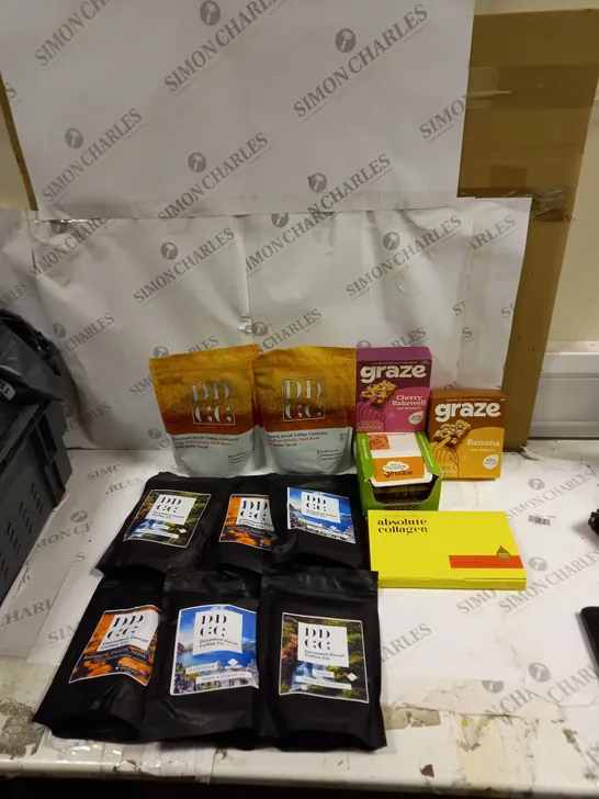 BOX OF ASSORTED ITEMS TO INCLUDE GRAZE, DECADENT DECAF COFFEE CO ETC