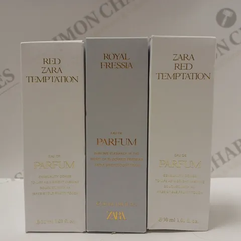 BOX OF 3 ZARA PRODUCTS TO INCLUDE RED TEMPTATION EAU DE PARFUM & ROYAL FRESSIA EAU DE PARFUM 