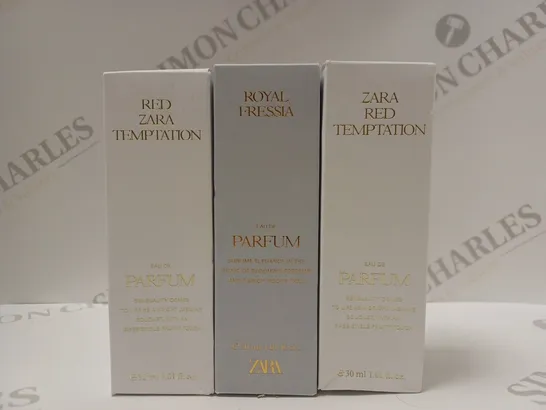 BOX OF 3 ZARA PRODUCTS TO INCLUDE RED TEMPTATION EAU DE PARFUM & ROYAL FRESSIA EAU DE PARFUM 