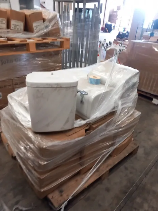 PALLET OF APPROXIMATELY 8 WHITE CERAMIC CISTERN UNITS WITH CHROME FLUSH HANDLES AND LARGE QUANTITY OF CO-VID19 VACCINE LABELS 