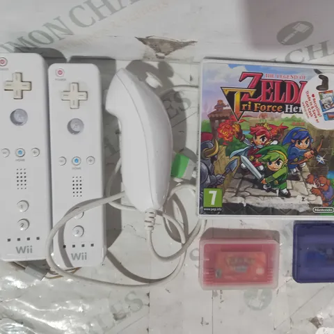 BOX OF APPROXIMATELY 5 ASSORTED TOYS AND GAMES TO INCLUDE THE LEGEND OF ZELDA TRIFORCE HEROES GAME (3DS), POKÉMON FIRE RED VERSION (GBA), NINTENDO WII CONTROLLER, ETC