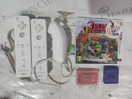 BOX OF APPROXIMATELY 5 ASSORTED TOYS AND GAMES TO INCLUDE THE LEGEND OF ZELDA TRIFORCE HEROES GAME (3DS), POKÉMON FIRE RED VERSION (GBA), NINTENDO WII CONTROLLER, ETC