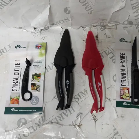 BOX OF APPROX. 5 ASSORTED PIRANHA PRODUCTS TO INCLUDE PEELERS WITH THE SHARP TEETH, SPIRAL CUTTER, PRO CUT SCISSORS, ETC. 