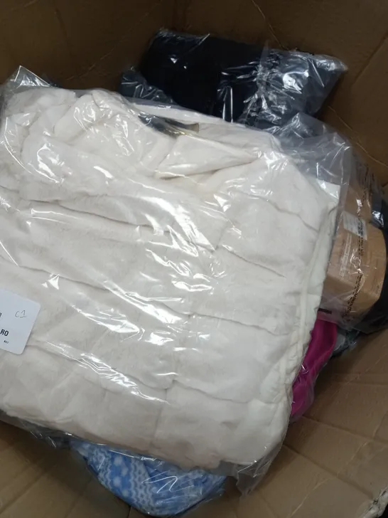 BOX OF ASSORTED CLOTHING ITEMS TOO INCLUDE TOPS , JUMPERS, AND PANTS ETC. 