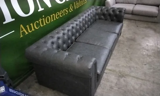 DESIGNER DARK GREY LEATHER CHESTERFIELD STYLE 3 SEATER SOFA