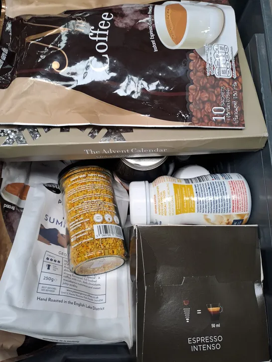 BOX OF APPROXIMATELY 10 ITEMS TO INCLUDE BEE POLLEN, HOTEL CHOCOLATE, GROUND COFFEE ETC