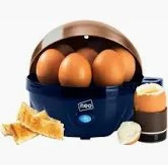 BOXED NEO STAINLESS STEEL ELECTRIC EGG BOILER POACHER AND STEAMER - BLUE/SILVER (1 BOX)