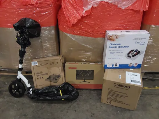 PALLET OF ASSORTED ITEMS INCLUDING: WIDE-SCREEN MONITOR, HAIR DRYER, ELECTRIC MUSCLE STIMULATOR, AUDIO TURNTABLE. SCOOTER