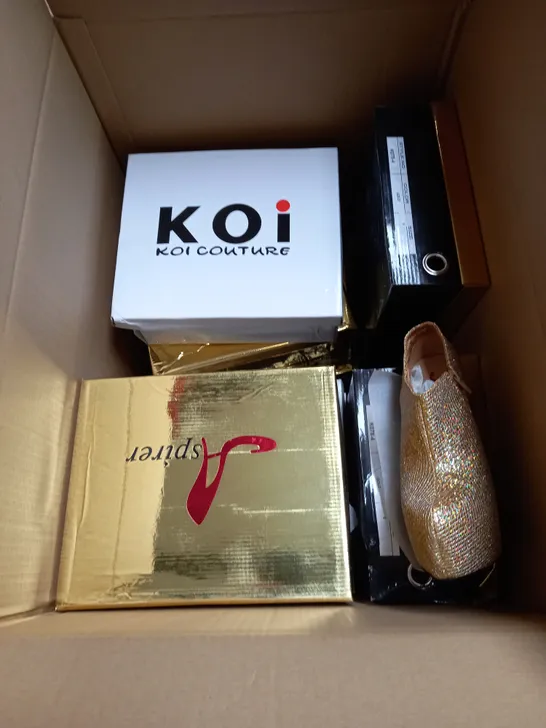 BOX OF APPROX 10 PAIRS OF ASSORTED HEELS TO INCLUDE KOI COUTURE BLUE AND ASPIRER GOLD - VARIOUS SIZES