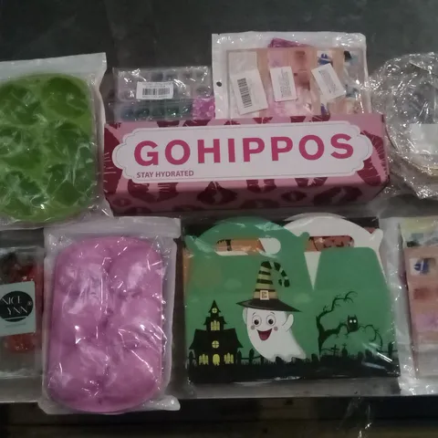 PALLET OF 6 BOXES CONTAINING ASSORTED ITEMS INCLUDING GO HIPPOS BOTTLE, TIARAS, HALLOWEEN DECORATIONS, EASTER EGG MOLDS, HANGING ROOM DECOR, BALLOON ACCESSORIES 