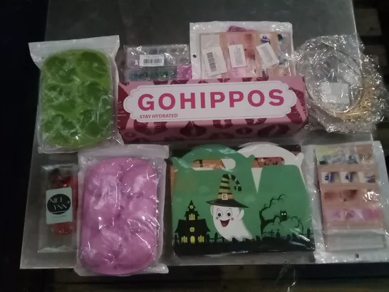 PALLET OF 6 BOXES CONTAINING ASSORTED ITEMS INCLUDING GO HIPPOS BOTTLE, TIARAS, HALLOWEEN DECORATIONS, EASTER EGG MOLDS, HANGING ROOM DECOR, BALLOON ACCESSORIES 