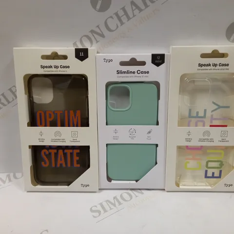 BOX OF APPROXIMATELY 52 TYPO PHONES CASES ('SLIMLINE CASE' & 'SPEAK UP CASE') FOR IPHONE 11, 12 MINI, 12/12PRO IN VARYING COLOURS