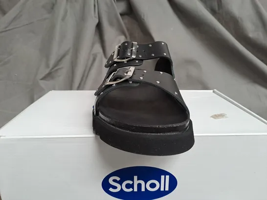 BOXED SCHOLL RAISED BLACK OPEN TOE SANDALS - SIZE 7