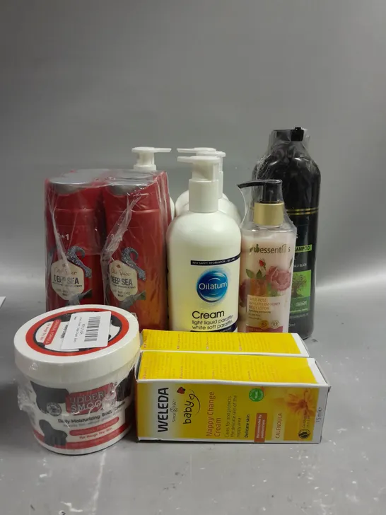 LOT OF APPROX 15 HEALTH AND BEAUTY ITEMS TO INCLUDE, OLD SPICE DEEP SEA BODY WASH (250ML), OILATUM LIGHT LIQUID PARAFFIN CREAM (500ML), FABESSENTIALS WILD ROSE BODY LOTION (250ML), ETC. 