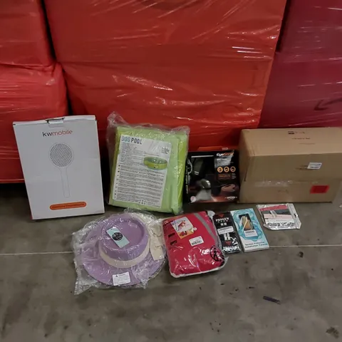 PALLET OF ASSORTED ITEMS INCLUDING: DOG POOL, CAMPING CHAIR, EYE AND EAR PROTECTOR, ELECTRIC FLY BAT, HAT, DOG JACKET, GYM STRAPS, GLASS PHONE SCREEN PROTECTOR, WATCH STRAPS