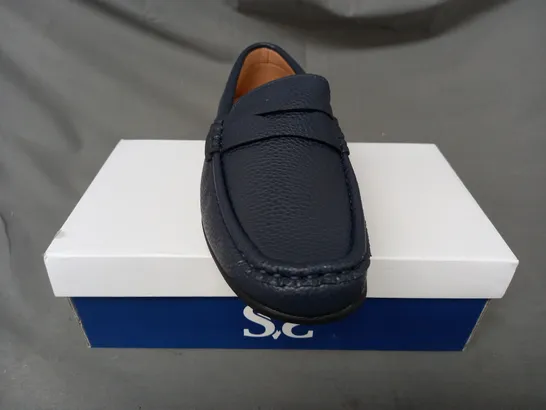 BOXED PAIR OF SEVVA LOAFERS IN NAVY UK SIZE 5